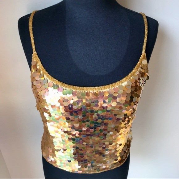 Gold Sequin Tank Top Silk Beaded Spaghetti Strap Mermaid Scales Glam CHAUDRY - Picture 2 of 9